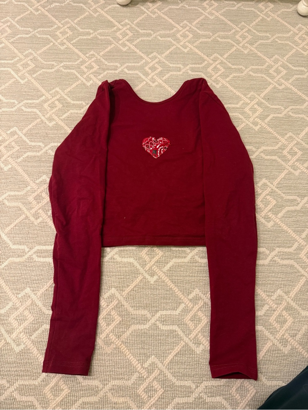 Maroon Long Sleeve Crop Top with Heart Patch